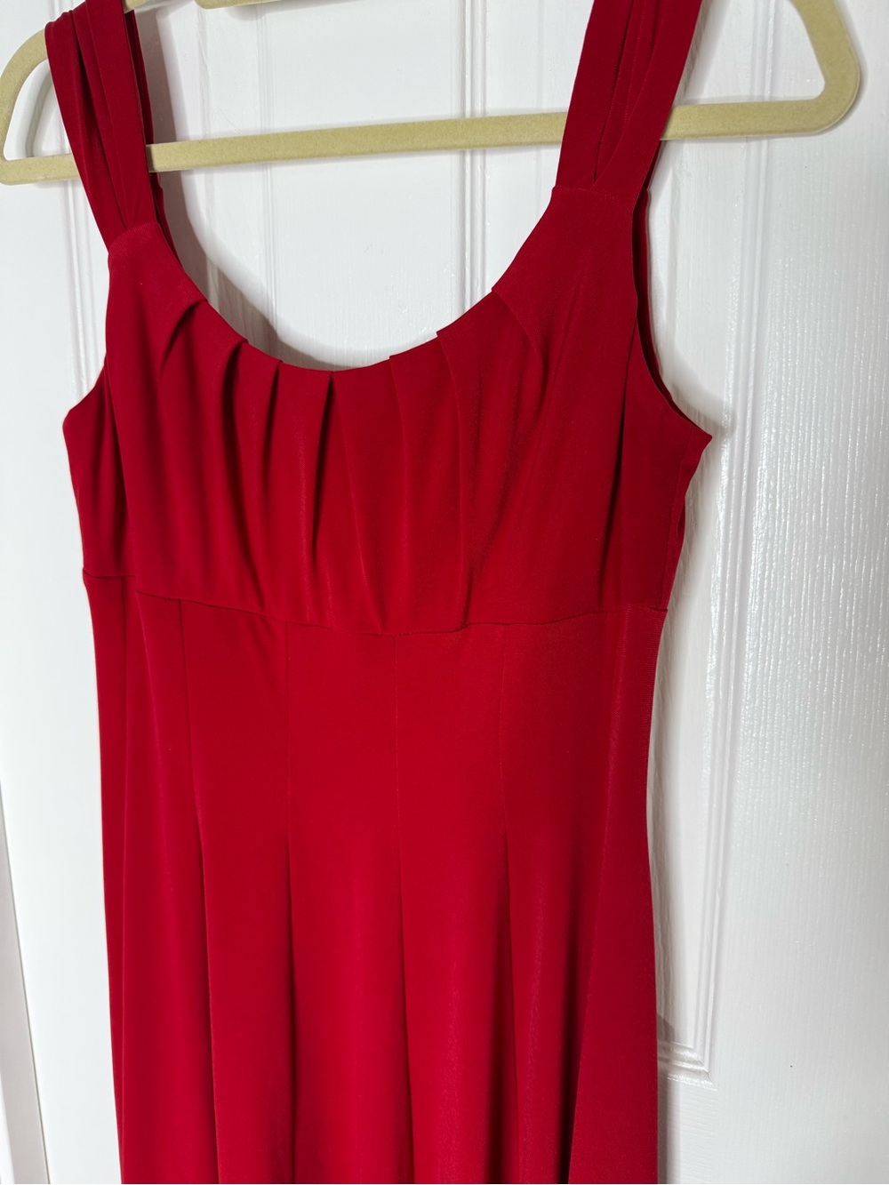 London Times Red Pleated Neck Midi Dress